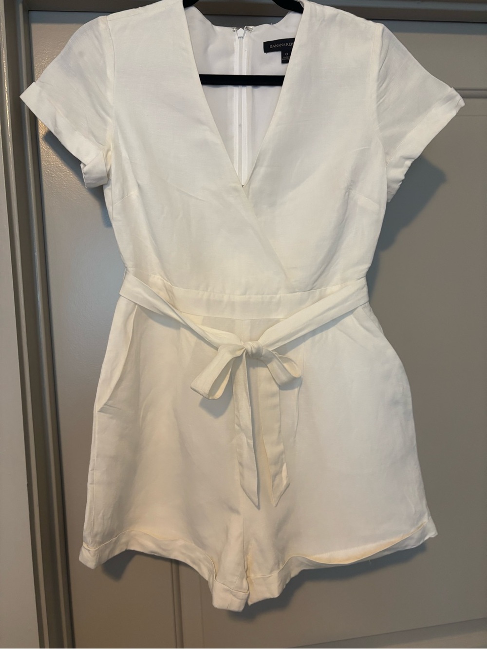 White Linen Blend Wrap Romper with Tie Waist